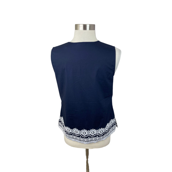 Talbots NEW P Navy Blue White Embroidered Trim Sleeveless V Neck Blouse - Picture 2 of 3